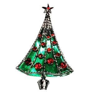 Christmas Tree Red Rhinestone Brooch Pin Signed BJ Vtg 1.25" Silver Tone